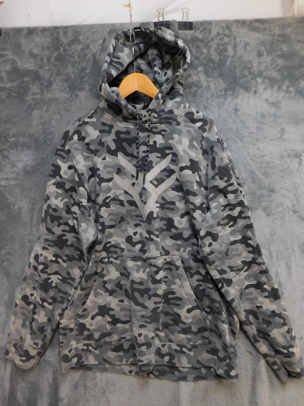 HAWX Hoodie Mens L Gray Pullover Hooded Pockets Camouflage Fleece Drawstring